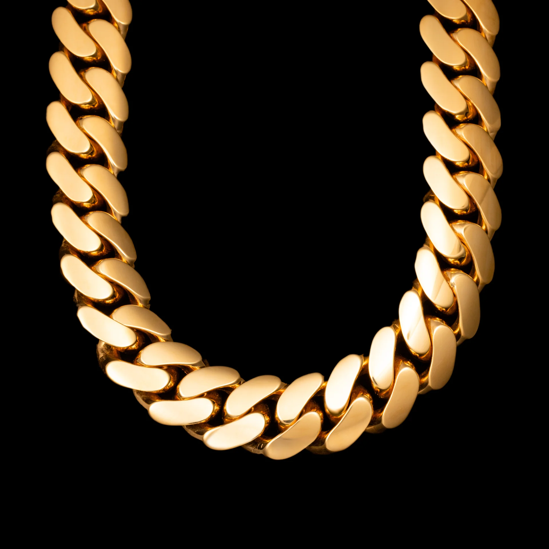 Polished gold Miami Cuban chain with tightly packed broad rounded links